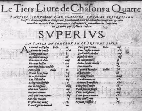 Early music — Оглавление нотного сборника Tiers livre de chansons a quatre parties.