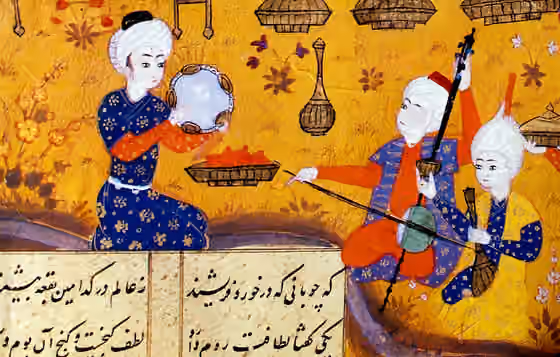Ashiqs of Azerbaijan — musician trio in XVI century miniature of Nizami Ganjavi's Khosrow and Shirin