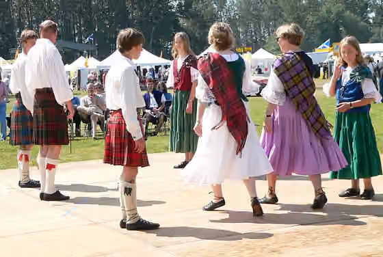 Scottish country dance — Scottish country dancers demonstrate their steps at the 2005 Skagit Valley Highland Games in Mount Vernon, Washington.