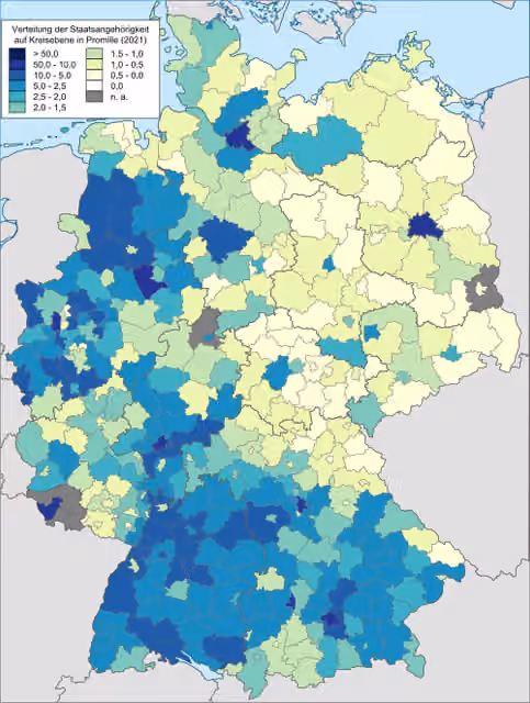 Romanians in Germany — Number of foreign citizens from the country described in the title that are registered at the German Central Register of Foreigners relative to the total population of the mentioned foreign nationals in Germany at the district level.