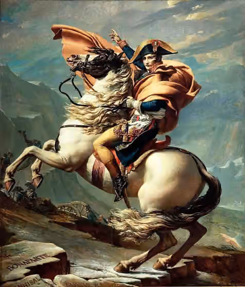 Italia Prancis — Bonaparte has an orange cloak, the crispin (cuff) of his gauntlet is embroidered, the horse is piebald, black and white, and the tack is complete and includes a standing martingale.