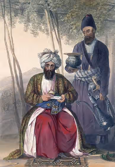 Afghan Qizilbash — Mahomed Naib Surreef, a celebrated Kuzzilbach chief of Caubul and his Peshkidmut This lithograph is taken from plate 15 of 'Afghaunistan' by Lieutenant James Rattray.