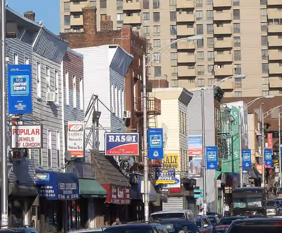 Indians in the New York metropolitan area — Looking east along Newark Street (India Square) towards JFK Blvd on a sunny late afternoon.