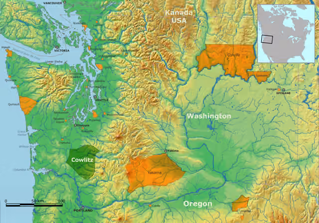 Cowlitz people — Map of traditional Cowlitz tribal territory.