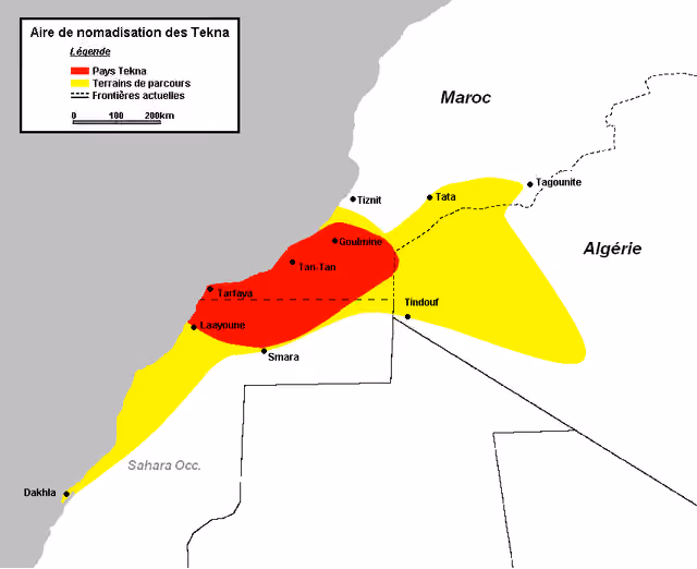 Tekna — Aire approximative de nomadisation des Tekna Sources: Attilo Gaudio, "Les populations du Sahara occidental: histoire, vie et culture", ed.