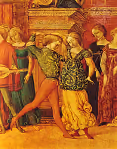 Galliard — Galliard detail from a cassone panel depicting Antiochus and Stratonice
