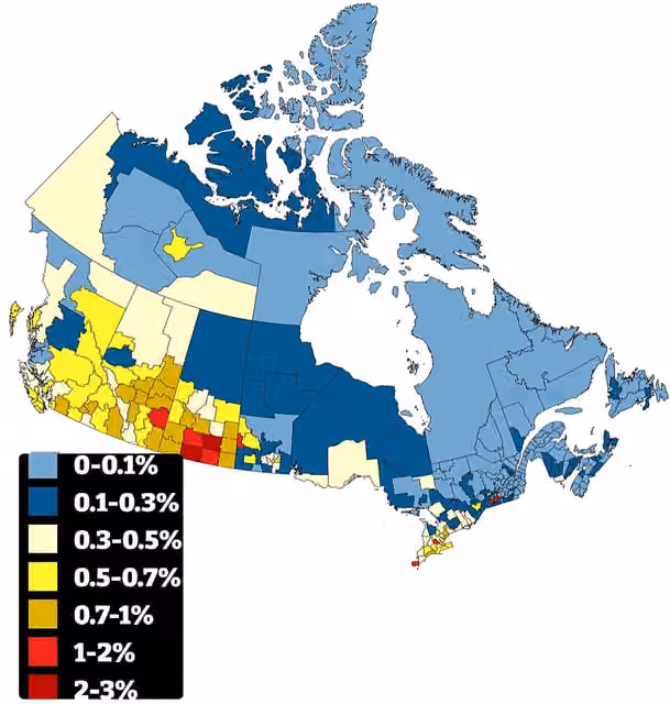 Romanian Canadians — Population distribution of Romanian Canadians in Canada by percentage of total population by census division, 2021 census