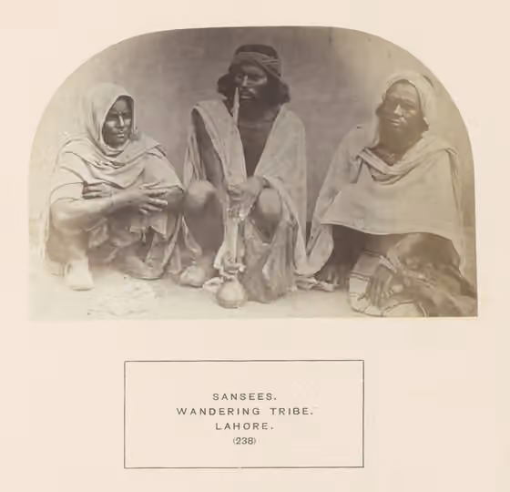 Sansi people — Portrait of three unknown people of the Sansi tribe of Lahore with a water pipe, anonymous, captioned: From: The people of India : a series of photographic illustrations, with descriptive letterpress, of the races and tribes of Hindustan,…
