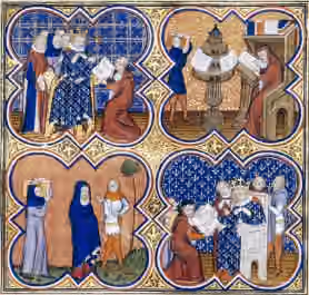 Terjemahan — Miniature from the prologue of Aristote's Politic, Economics, Ethics in a 1370 translation of Nicolas Oresme (Bibliothèque nationale de France (BnF), Departement of manuscripts, RC-A-28551) 1st medallion: Charles V of France orders his…