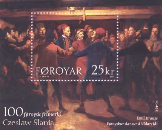 Faroese chain dance — Stamp #100 by Czeslaw Slania for the Faroe Islands .