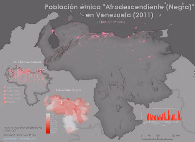 Afro-Venezuelans — Black and Afrodescendant population in Venezuela (2011): 1 dot = 25 people, shading = population share, hexagons = higher concentration areas