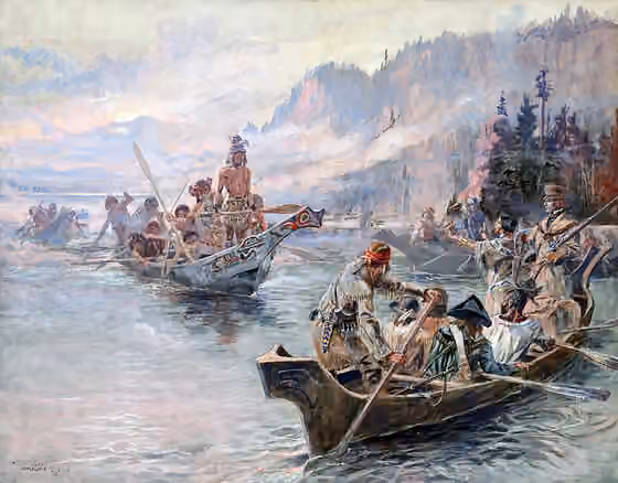 Chinookan peoples — Painting Lewis and Clark on the Lower Columbia (height: 24 in (60.9 cm); width: 28 in (71.1 cm) dimensions QS:P2048,24U218593 dimensions QS:P2049,28U218593 ) by Charles Marion Russell; Opaque and transparent watercolor over graphite…