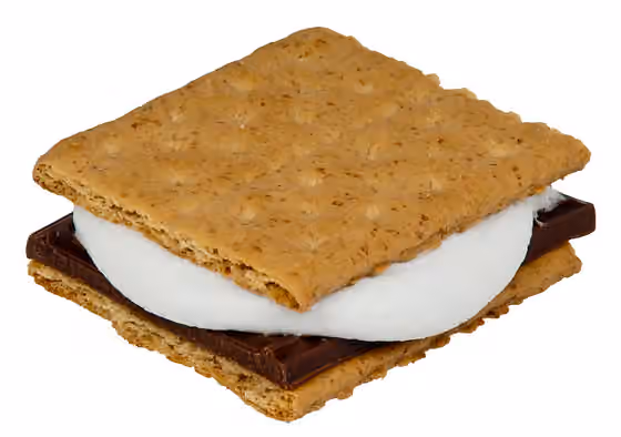 S'more — A S'mores made with a half a Hershey's chocolate bar, Nabisco graham crackers and a marshmallow that has been melted in the microwave.