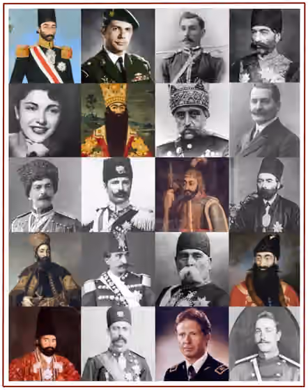 Qajar (suku) — From top left to bottom right: Anoushiravan Mirza Zia' od-Dowleh; Parviz Jahanbani; Darab Mirza Qajar; Aliqoli Mirza Qajar; Mehr Monir Jahanbani; Fath Ali Shah; Mozaffar ad-Din Shah Qajar; Abdollah Mirza Qajar; Aleksander Mirza Qajar…