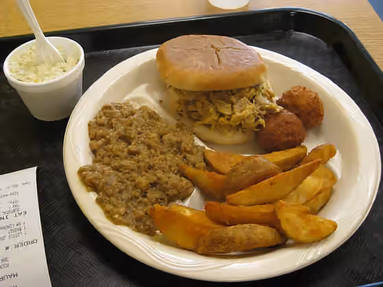 Hash (stew) — A plate of South Carolina-style barbecue at Maurice's Gourmet BBQ.