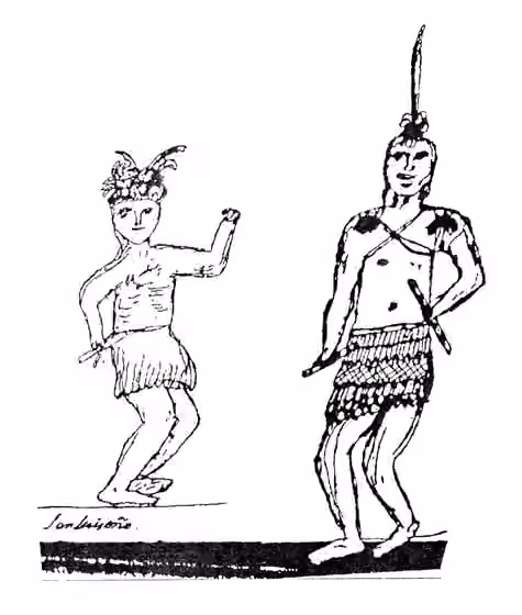 Luiseño — Pablo Tac, a Luiseno who lived at Mission San Luis Rey in the 1820s and 1830s, penned this drawing depicting two young men wearing skirts of twine and feathers with feather decorations on their heads, rattles in their hands, and (perhaps)…