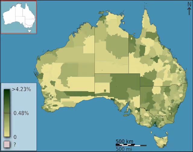 Orang Yunani Australia — People of Greek ancestry as a fraction of total persons, in Australia, Australia, according to the 2011 census results.