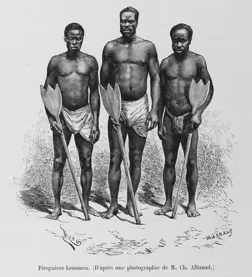 Orang Kru — Kru canoers depicted by French engraver, after a photograph by M.