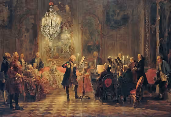 musik kamar — Middle: Frederick the Great ; far right: Johann Joachim Quantz , the king's flute teacher; to his left with a violin and wearing dark clothing: Franz Benda ; leftmost in the foreground: Gustav Adolf von Gotter ; behind him: Jakob Friedrich…