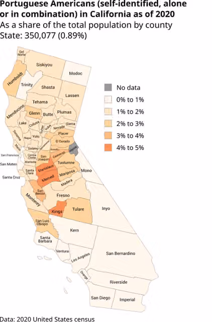 Portuguese in California — Map of Portuguese Americans in California by county, per the 2020 U.S.