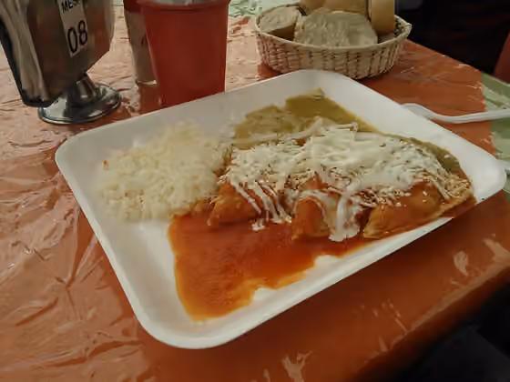 Enchilada — Fotografía de enchiladas rellenas de pollo con arroz cubiertas en salsa verde y roja, dentro del Festival turístico y gastronómico de la Enchilada, que se llevó a cabo en el Jardín Cuitláhuac, en la delegación Iztapalapa.