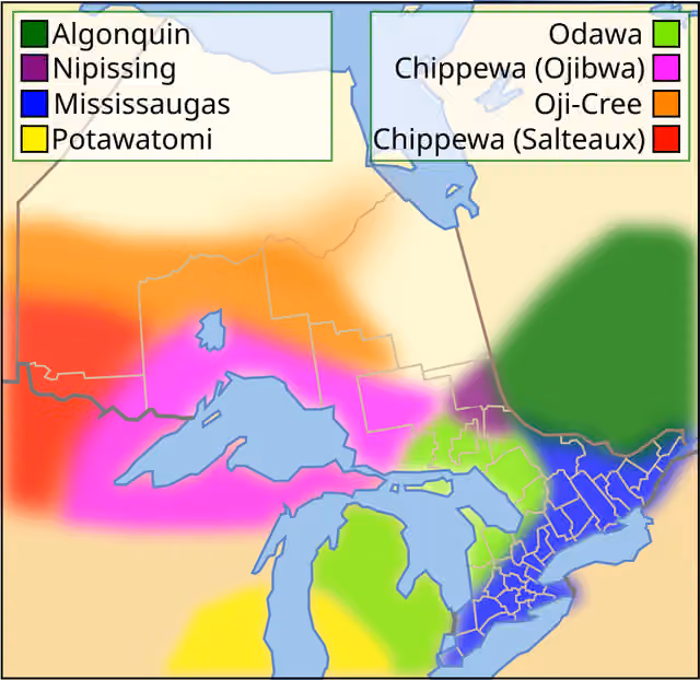 Algonquin people — Anishinaabe and Anishinini distribution around 1800.
