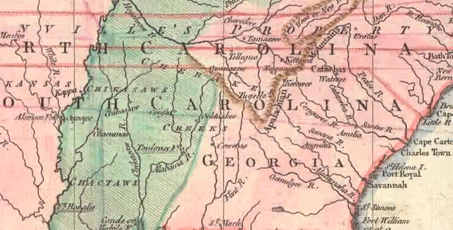 Okfuskee — John Lodge 1754 map showing the location of Okfuskee (spelled Ockfuskee in center of image).