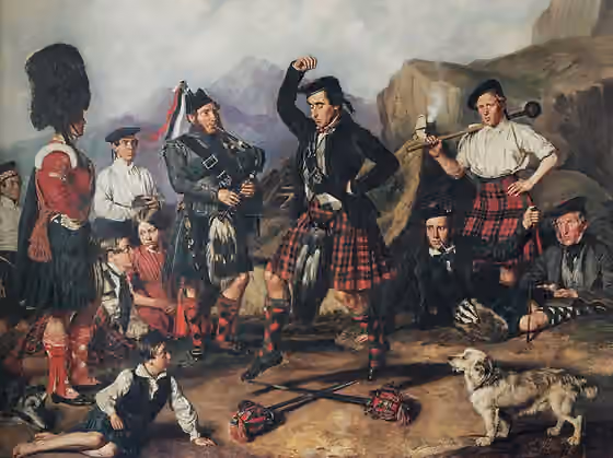 Scottish sword dances — Men of the 93rd (Sutherland Highlanders) Regiment of Foot (later amalgamated into the Argyll and Sutherland Highlanders), and the 42nd (Royal Highland) Regiment of Foot ("Black Watch"), engaging in, playing music for, and watching a…