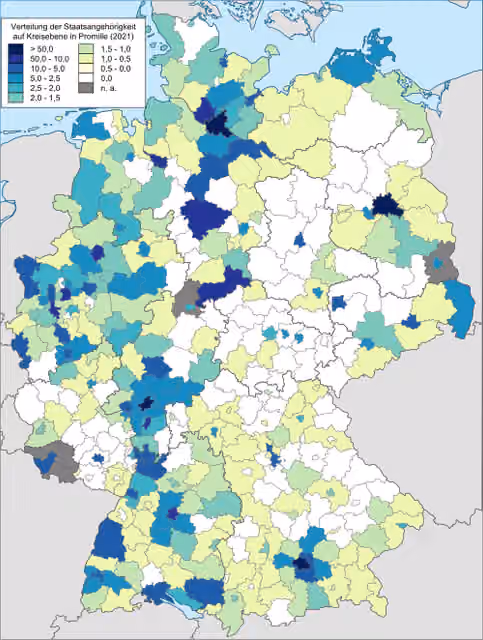 Nepalis in Germany — Number of foreign citizens from the country described in the title that are registered at the German Central Register of Foreigners relative to the total population of the mentioned foreign nationals in Germany at the district level.