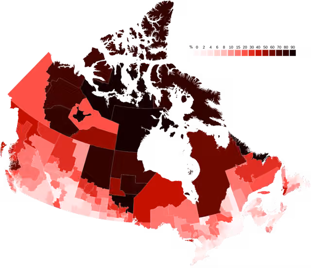 penduduk asli Kanada — A map of Canada showing the percent of self-reported indigenous identity (First Nations, Inuit, Métis) by census division, according to the 2021 Census