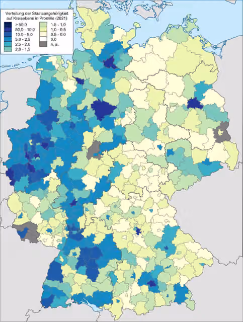 Albanians in Germany — Number of foreign citizens from the country described in the title that are registered at the German Central Register of Foreigners relative to the total population of the mentioned foreign nationals in Germany at the district level.