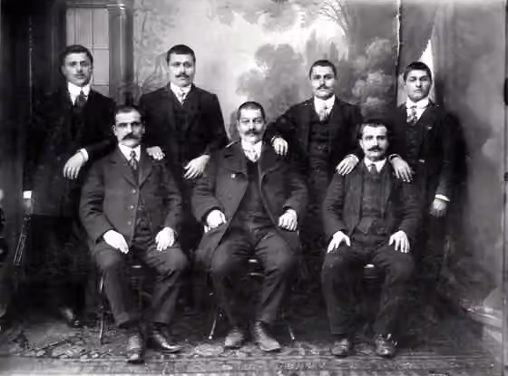 Greeks in Georgia — Pontic Greeks of Georgia, Kostas Konstantinidis from Sourmena: seated from left: Panagiotis, Savvas and John, standing from left: Jordan, Dimitris Anestis and Theodore, in Batumi, Georgia