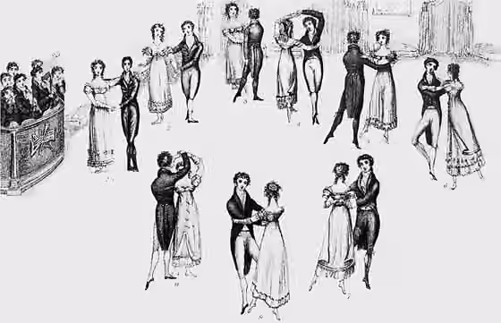 Waltz — Detail from frontispiece to Thomas Wilson's Correct Method of German and French Waltzing (1816), showing nine positions of the Waltz, clockwise from the left (the musicians are at far left).