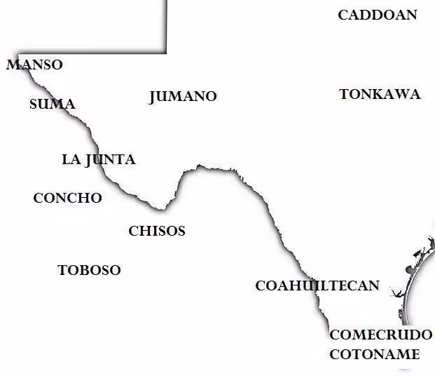 Jumanos — The approximate location of indigenous tribes in western Texas and adjacent Mexico, ca.