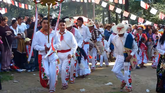 Otomi — Dancers from the Otomí village of San Jeronimo Acazulco, Mexico state perform the "Danza de los Arrieros" at the feast of the Apparition of "El Divino Rostro" on November 8th 2009.