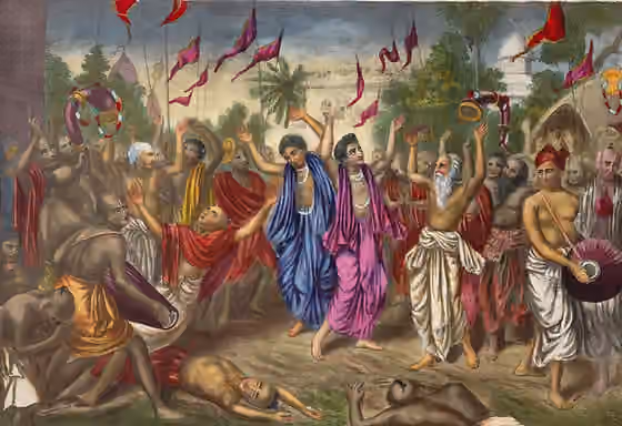 Kirtan — Sri Chaitanya Mahaprabhu, who was born in 1486, is shown performing 'Nagar kirtan', devotional chanting and dancing, in the streets of Nabadwip, Bengal.