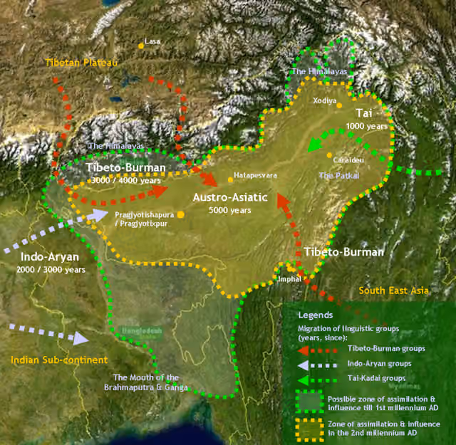 People of Assam — The diagram depicts development of hybrid culture in Assam and surrounding regions due to assimilation of various ethno-cultural groups belonging to the major linguistic groups in different phases of time.