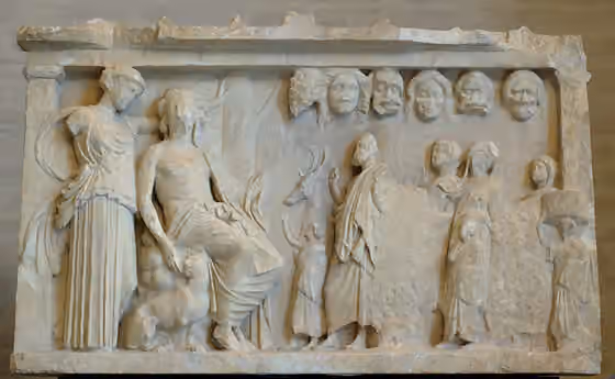 Dithyramb — Votive relief with a flute player and his family in front of Dionysos and Artemis.