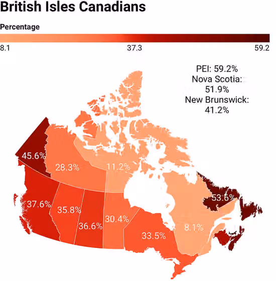 British Canadians — Percent of Canadians who reported British Isles ancestry by province/territory, per the 2021 census