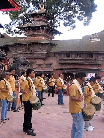 Gunla Bajan — Performance of Gunla Bajan religious music at Kathmandu Durbar Square, Kathmandu, Nepal.