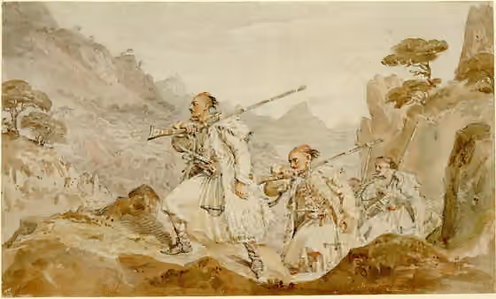 Souliotes — British Museum website's description: "Albanian Palikars in pursuit of an enemy; three figures, with others behind them climb rocky path, moving to l, carrying rivers over their shoulders and wearing sheep skin jackets and pleated frocks,…
