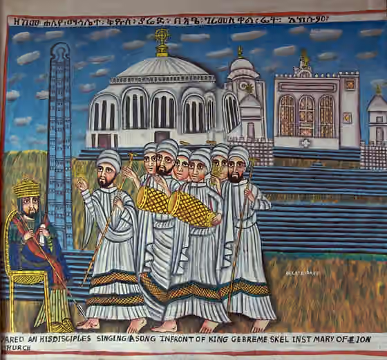 Ethiopian chant — This is one of the modern Ethiopian paintings depicting scenes from local history that decorate the walls of the Remhai Hotel, where we stayed while in Axum.