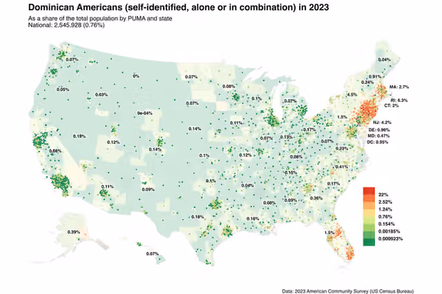 Dominican Americans — Map of Dominican Americans in 2023.