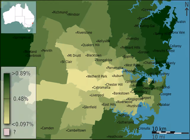 Welsh Australians — Welsh Total Responses as a fraction of total persons, in Inner Sydney, Australia, according to the 2011 census results.