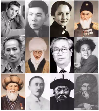 orang Kirgiz — 1st row: Chingiz Aitmatov, Alykul Osmonov, Bubusara Beyshenalieva, Shabdan Baatyr, 2nd row: Suymenkul Chokmorov, Kurmanjan Datka, Tolomush Okeyev, Bokonbayev 3rd row, Baytik baatyr, Kasym Tynystanov, Sayakbay Karalaev, Togolok Moldo