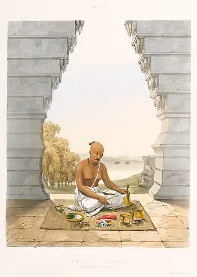 Telugu Brahmins — Pooja of Vishnoo from The Sundhya or the Daily Prayers of the Brahmins (1851) by Sophie Charlotte Belnos (1795–1865).