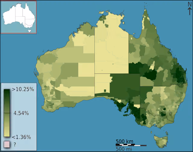 German Australians — People of German ancestry as a fraction of total persons, in Australia, Australia, according to the 2011 census results.