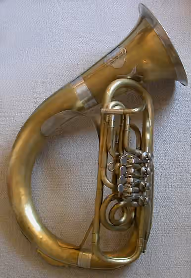 Helicon (instrument) — This is an old Helikon instrument manufactured in Graz,Styria,Austria.