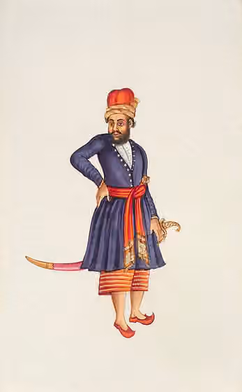 Mughal tribe — A Mughal nobleman wearing a blue angarkha, half-length striped paijama and a tall domed hat and carrying a long curved sword, stands in an easy stance half sideways but looking out and with his other hand on his hip.