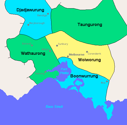 Kulin nation — a very basic map of the 5 kulin language groups and a few current cities.